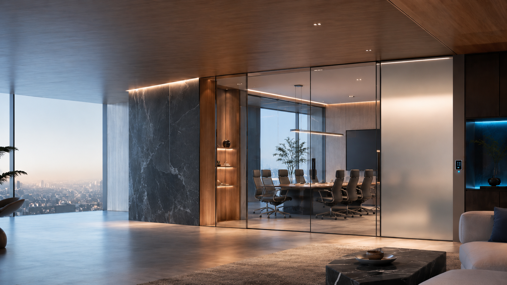 Modern office with switchable smart glass partitions